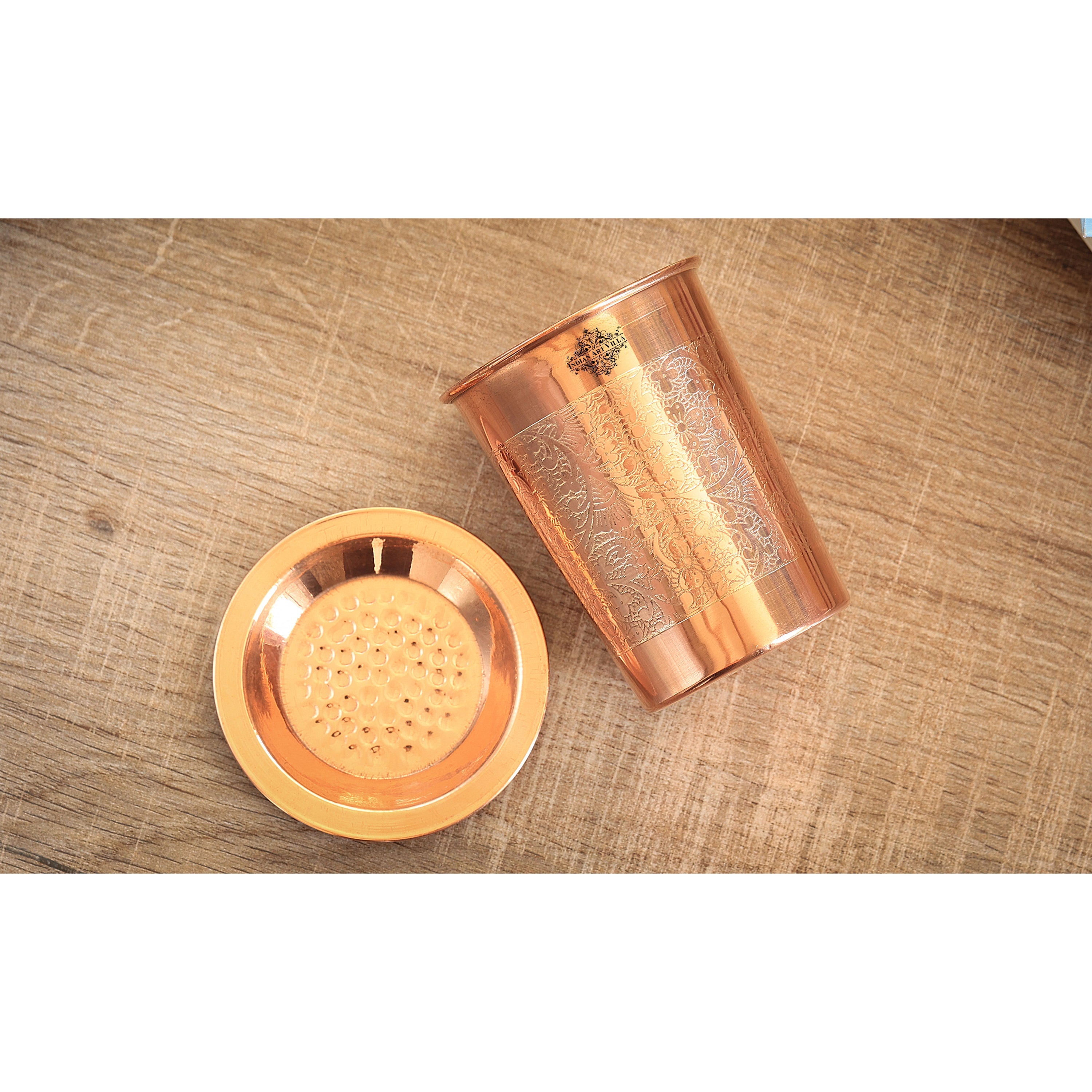 Pure Copper Embossed & Plain Glass with Lid 300ml