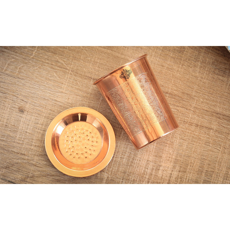 Pure Copper Embossed & Plain Glass with Lid 300ml
