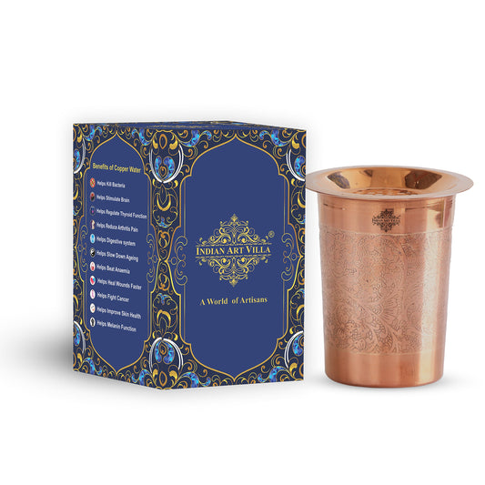 Pure Copper Embossed & Plain Glass with Lid 300ml