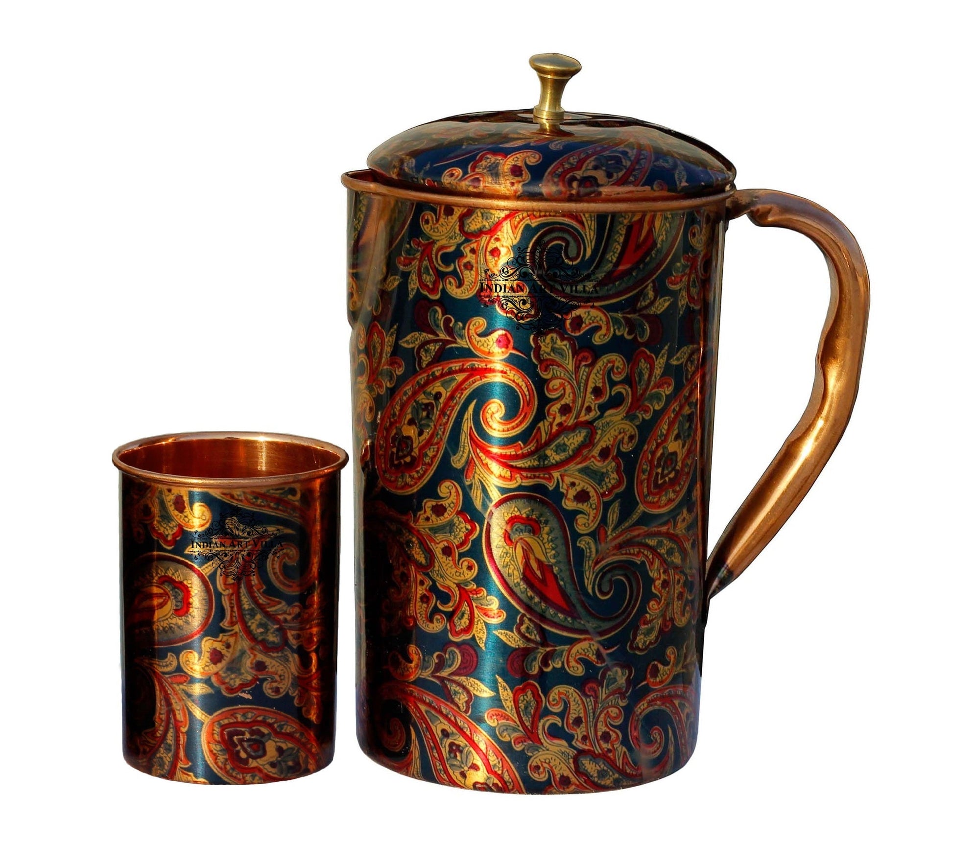 Pure Copper Jug Pitcher with Glass Set, Printed Design, Serving water
