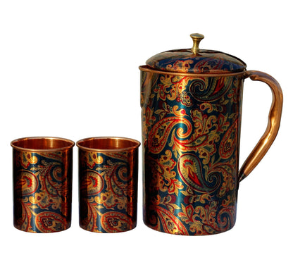 Pure Copper Jug Pitcher with Glass Set, Printed Design, Serving water