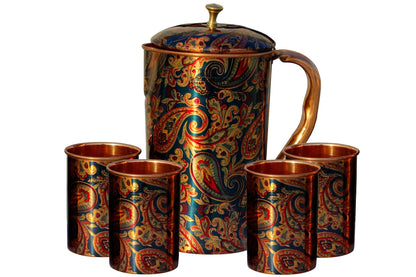 Pure Copper Jug Pitcher with Glass Set, Printed Design, Serving water