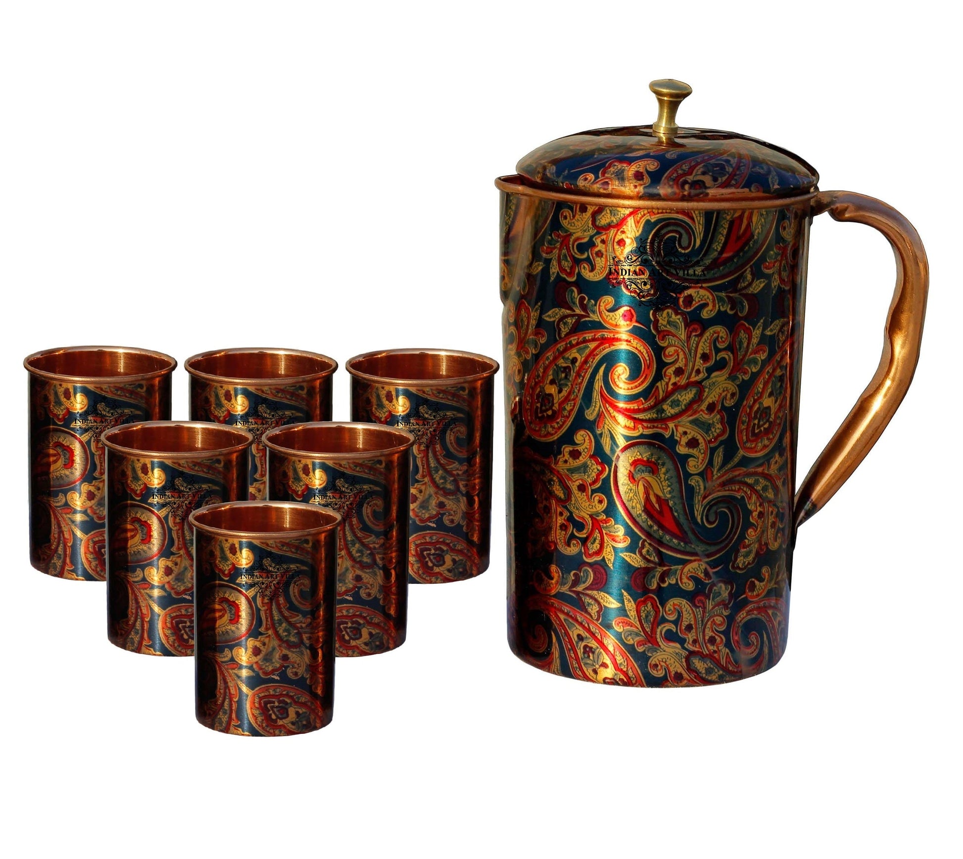 Pure Copper Jug Pitcher with Glass Set, Printed Design, Serving water