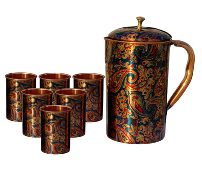 Pure Copper Jug Pitcher with Glass Set, Printed Design, Serving water
