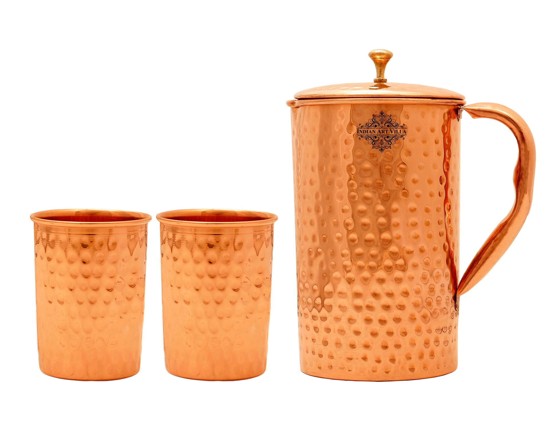 Pure Copper Hammered Jug Pitcher With Hammered Glass, Storage & Serving Water, Yoga Ayurveda Healing
