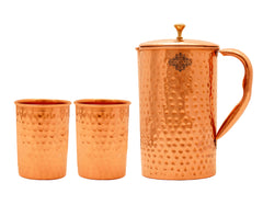 Pure Copper Hammered Jug Pitcher With Hammered Glass, Storage & Serving Water, Yoga Ayurveda Healing