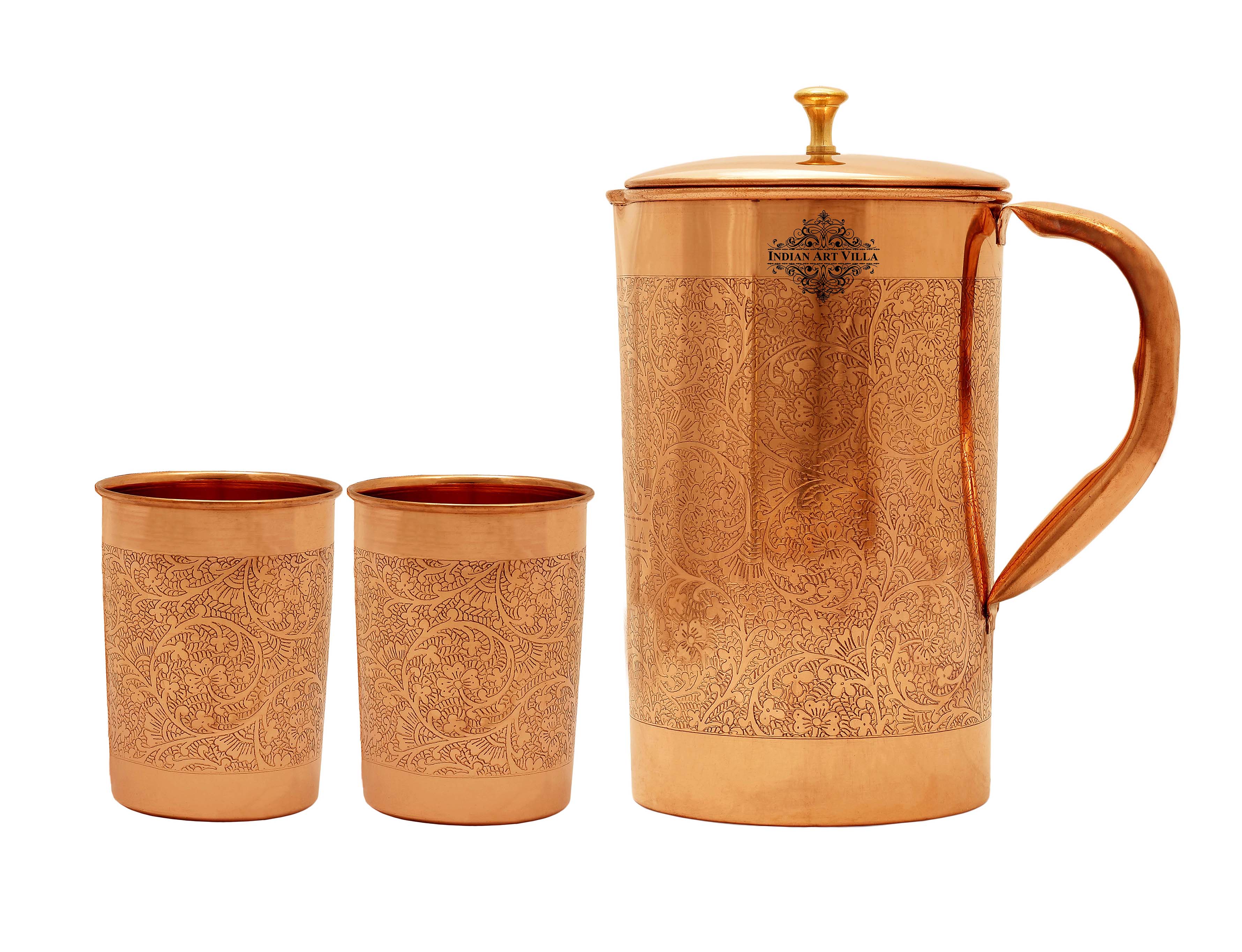Pure Copper Embossed Jug Pitcher With Embossed Glass, Storage & Serving Water, Yoga Ayurveda Healing