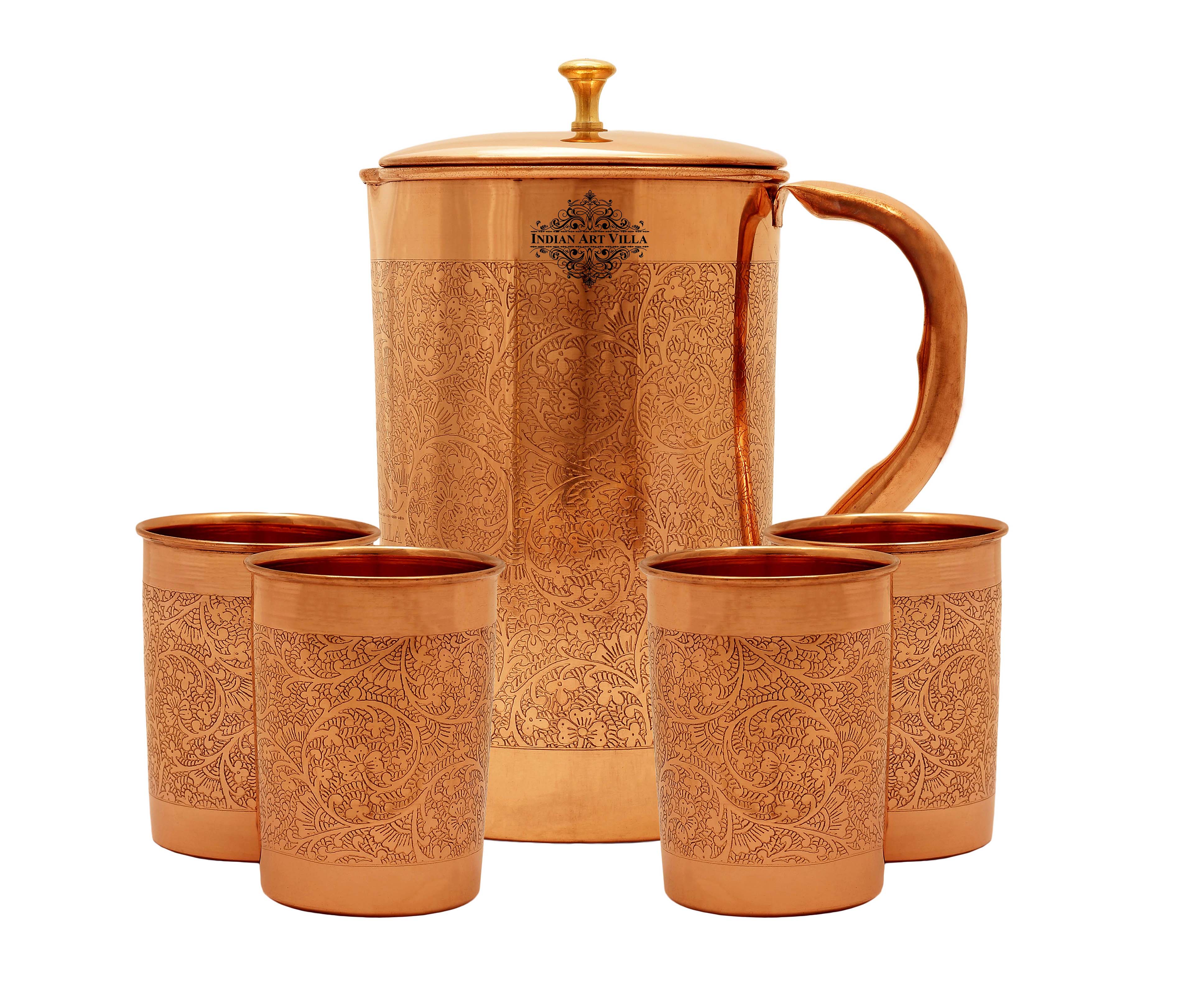 Pure Copper Embossed Jug Pitcher With Embossed Glass, Storage & Serving Water, Yoga Ayurveda Healing