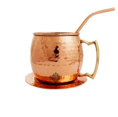 Premium Hammered Copper Mug Set -" Straw & Coaster Include", Drinkware & Serving Beer Wine For Bar | Hotel | Restaurant