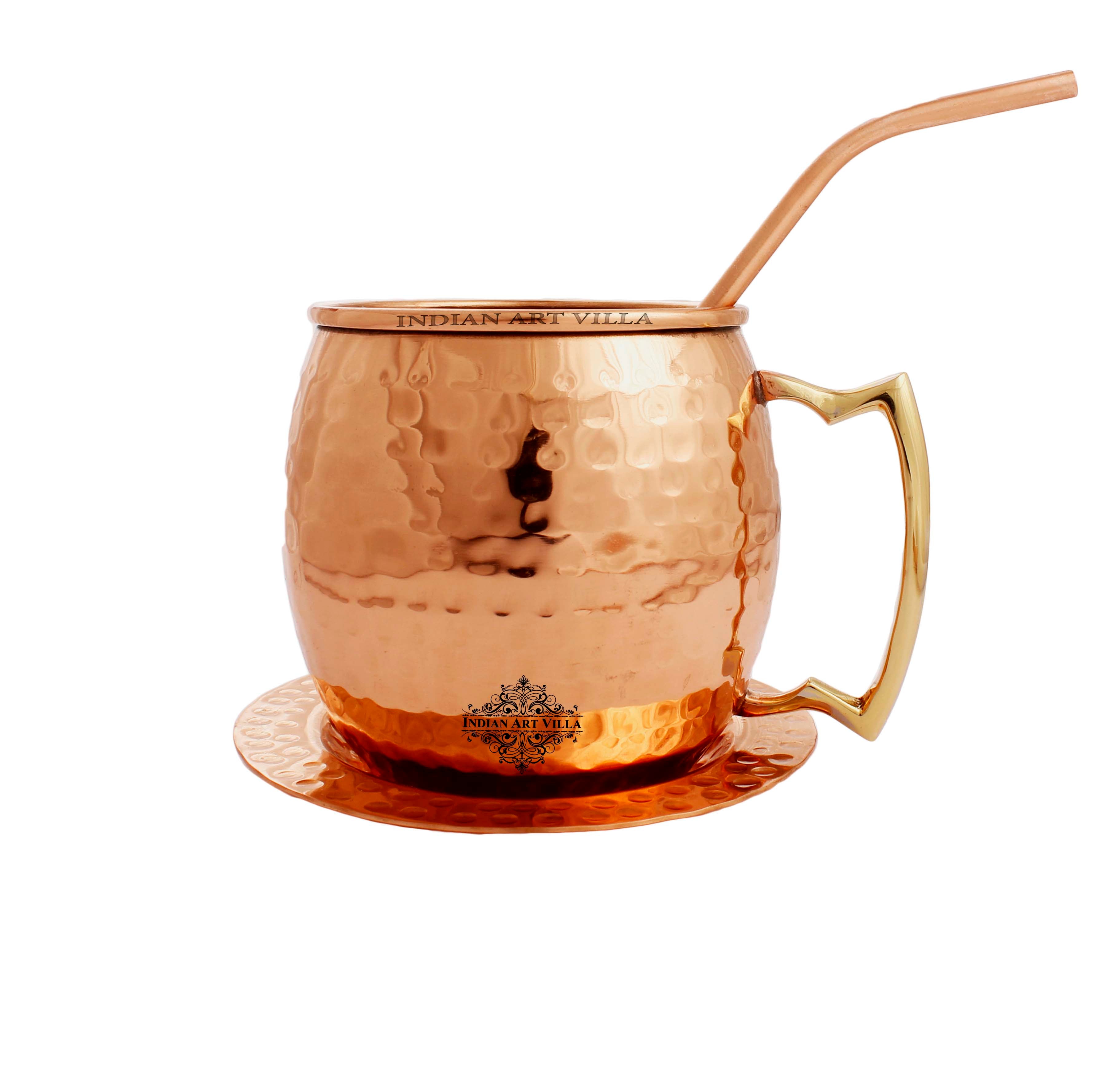 Premium Hammered Copper Mug Set -" Straw & Coaster Include", Drinkware & Serving Beer Wine For Bar | Hotel | Restaurant