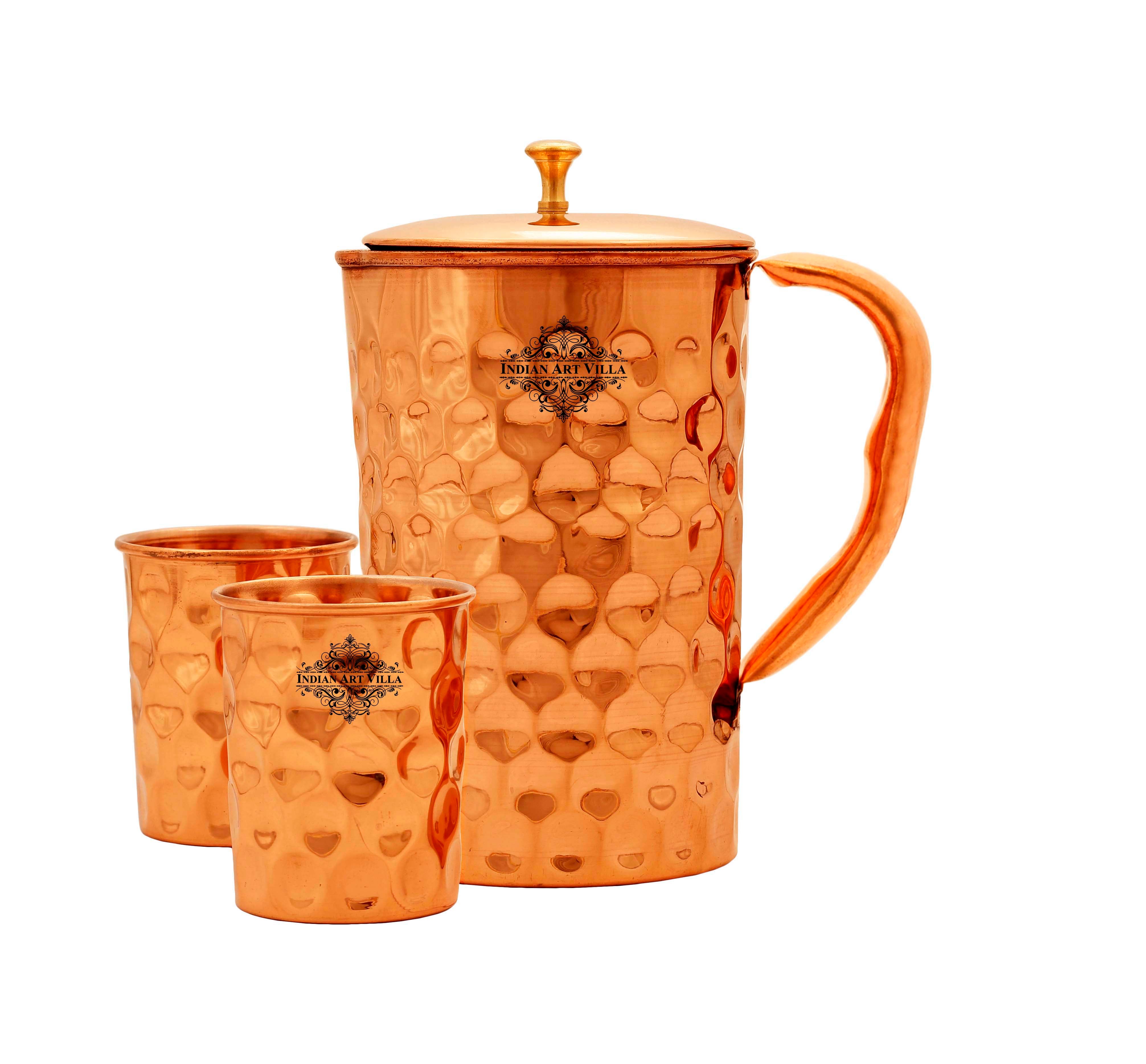 Diamond Design Copper Jug Pitcher With Glass Tumbler, Drinkware & Serveware, Copper, Brown