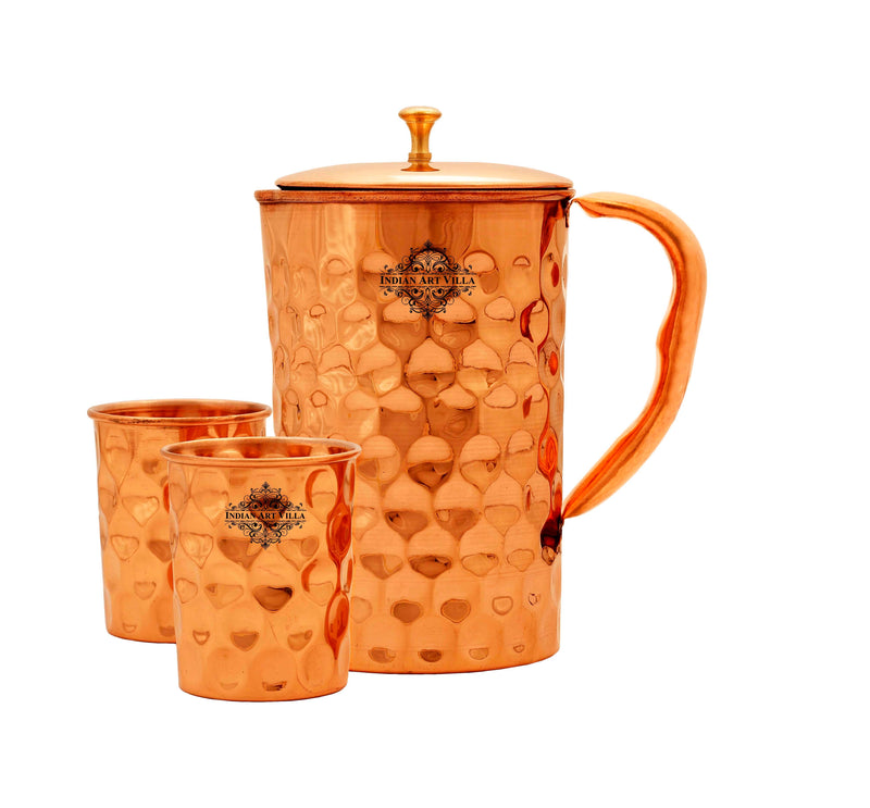 Diamond Design Copper Jug Pitcher With Glass Tumbler, Drinkware & Serveware, Copper, Brown