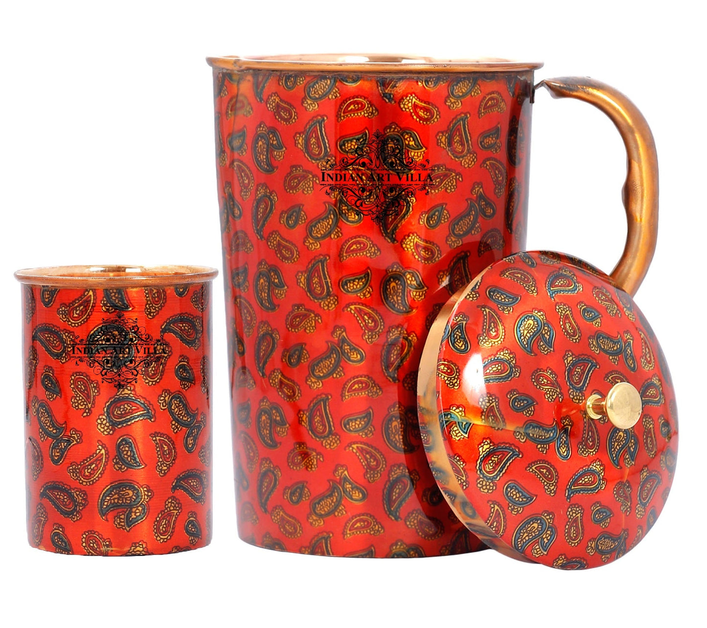 Pure Copper Jug with Glass, Printed Design Red, Diwali Anniversary Party Christmas Gift Set