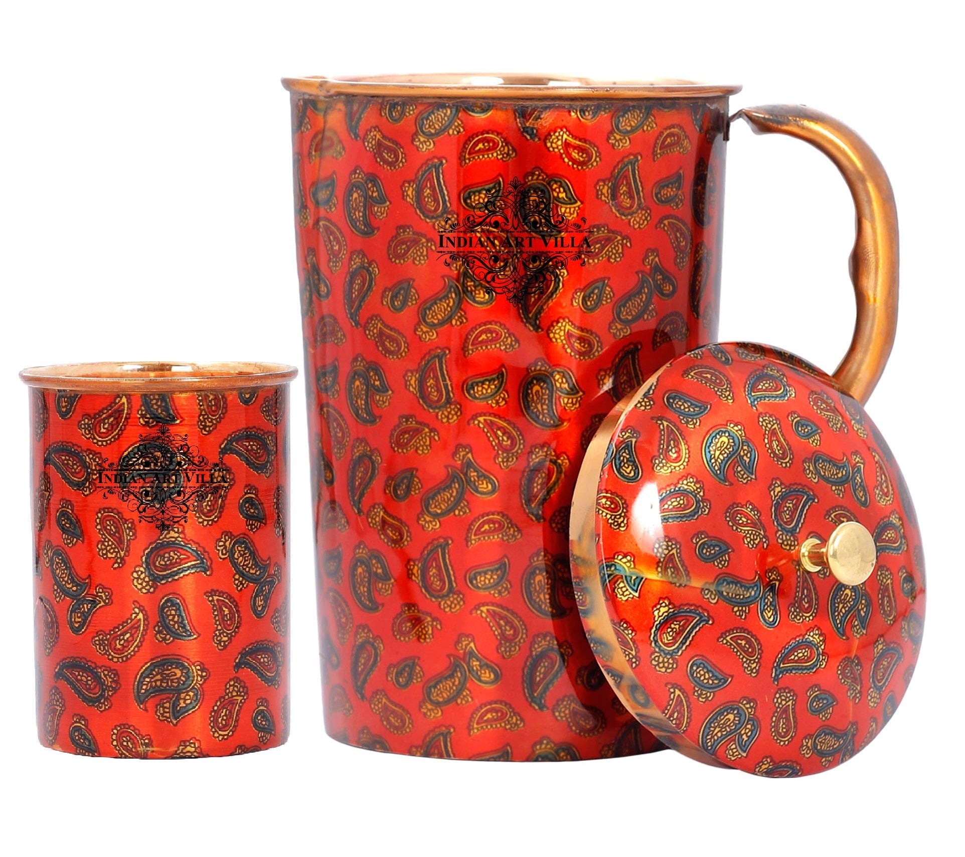 Pure Copper Jug with Glass, Printed Design Red, Diwali Anniversary Party Christmas Gift Set