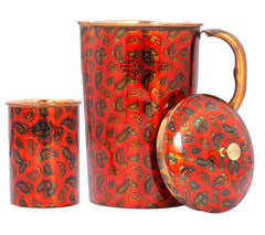 Pure Copper Jug with Glass, Printed Design Red, Diwali Anniversary Party Christmas Gift Set