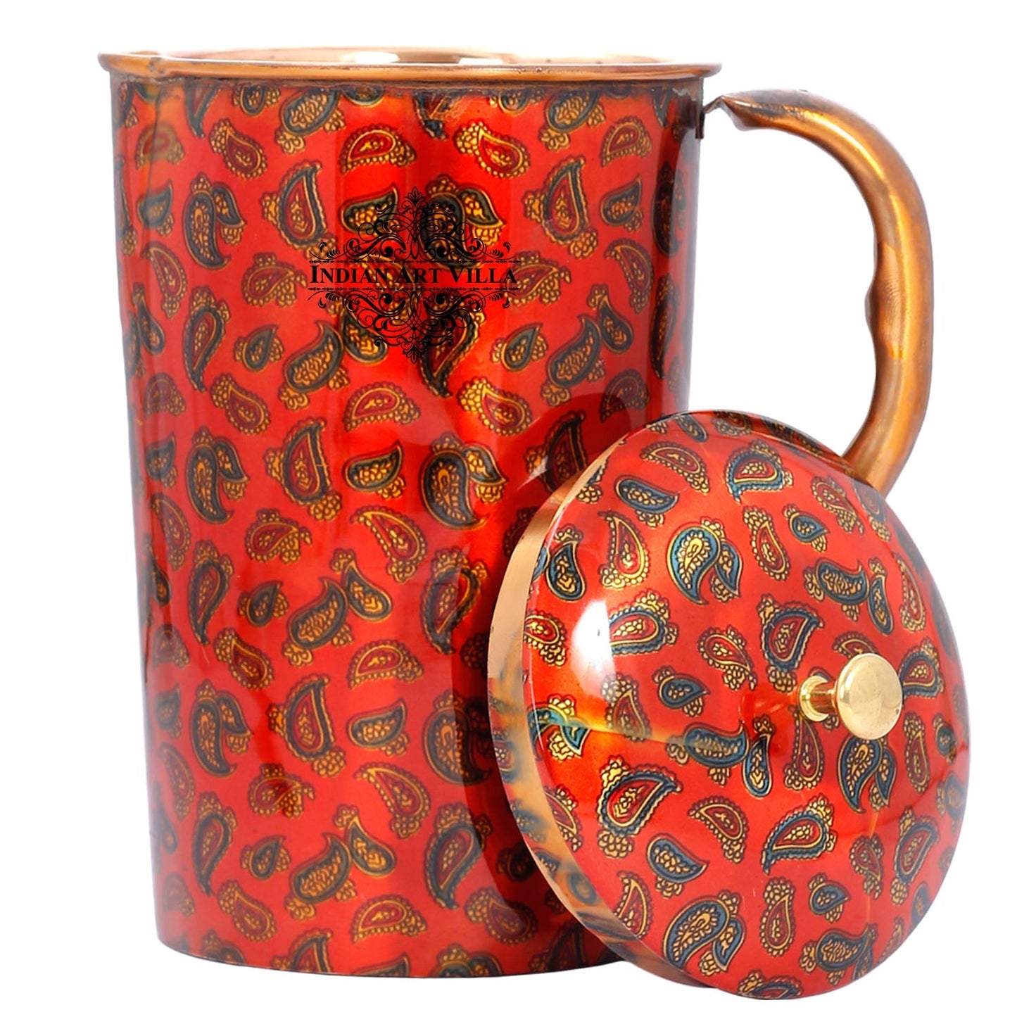 Pure Copper Jug with Glass, Printed Design Red, Diwali Anniversary Party Christmas Gift Set