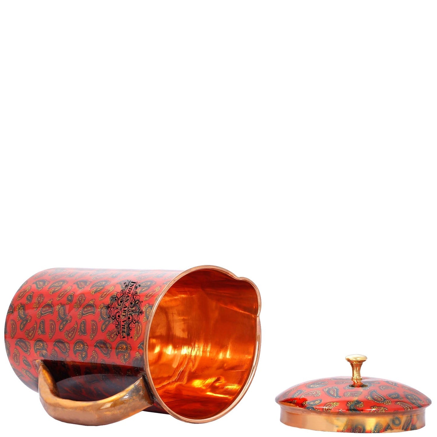 Pure Copper Jug with Glass, Printed Design Red, Diwali Anniversary Party Christmas Gift Set