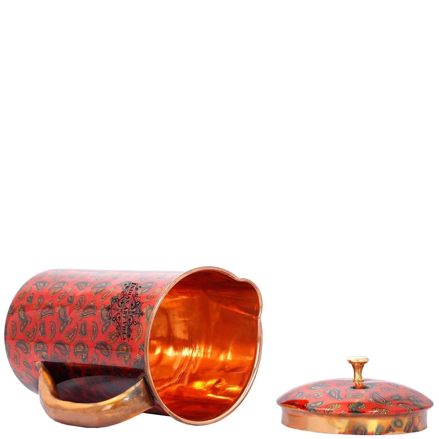 Pure Copper Jug with Glass, Printed Design Red, Diwali Anniversary Party Christmas Gift Set