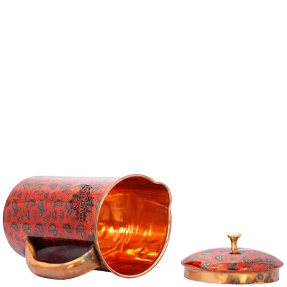 Pure Copper Jug with Glass, Printed Design Red, Diwali Anniversary Party Christmas Gift Set