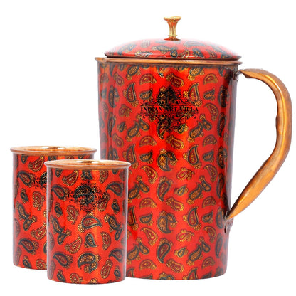 Pure Copper Jug with Glass, Printed Design Red, Diwali Anniversary Party Christmas Gift Set
