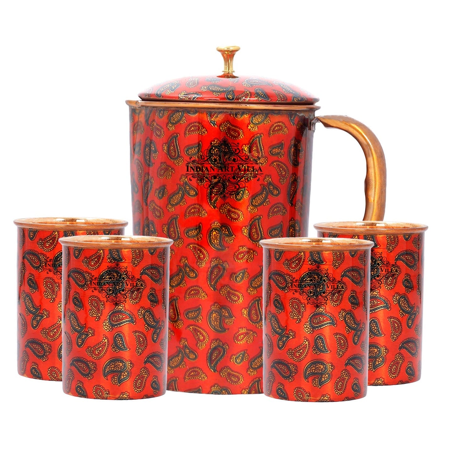 Pure Copper Jug with Glass, Printed Design Red, Diwali Anniversary Party Christmas Gift Set