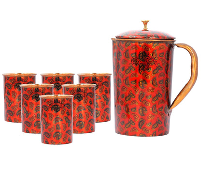Pure Copper Jug with Glass, Printed Design Red, Diwali Anniversary Party Christmas Gift Set
