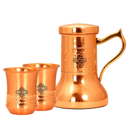 Copper Designer Hammered & Smooth Bedroom Bottle With handle and Copper Glasses,Drinkware, Diwali Anniversary Party Christmas Gift Set