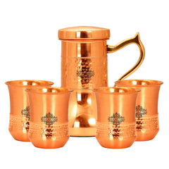 Copper Designer Hammered & Smooth Bedroom Bottle With handle and Copper Glasses,Drinkware, Diwali Anniversary Party Christmas Gift Set