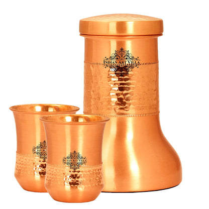 Copper Designer Hammered & Smooth Bedroom Bottle With Copper Glasses,Drinkware, Diwali Anniversary Party Christmas Gift Set