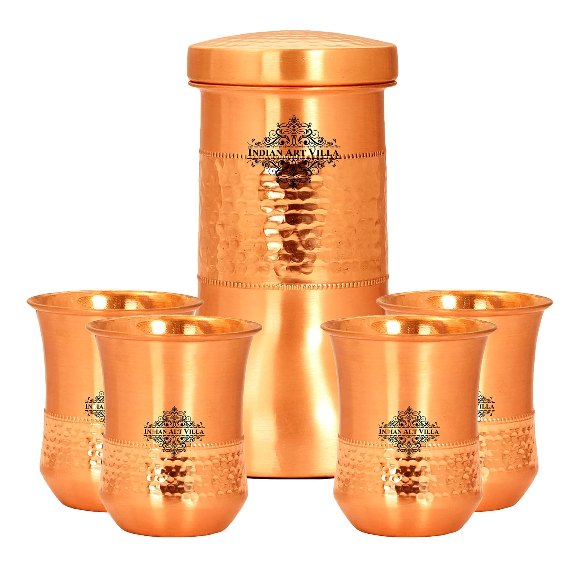 Copper Designer Hammered & Smooth Bedroom Bottle With Copper Glasses,Drinkware, Diwali Anniversary Party Christmas Gift Set