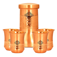 Copper Designer Hammered & Smooth Bedroom Bottle With Copper Glasses,Drinkware, Diwali Anniversary Party Christmas Gift Set