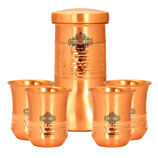 Copper Designer Hammered & Smooth Bedroom Bottle With Copper Glasses,Drinkware, Diwali Anniversary Party Christmas Gift Set