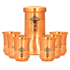 Copper Designer Hammered & Smooth Bedroom Bottle With Copper Glasses,Drinkware, Diwali Anniversary Party Christmas Gift Set
