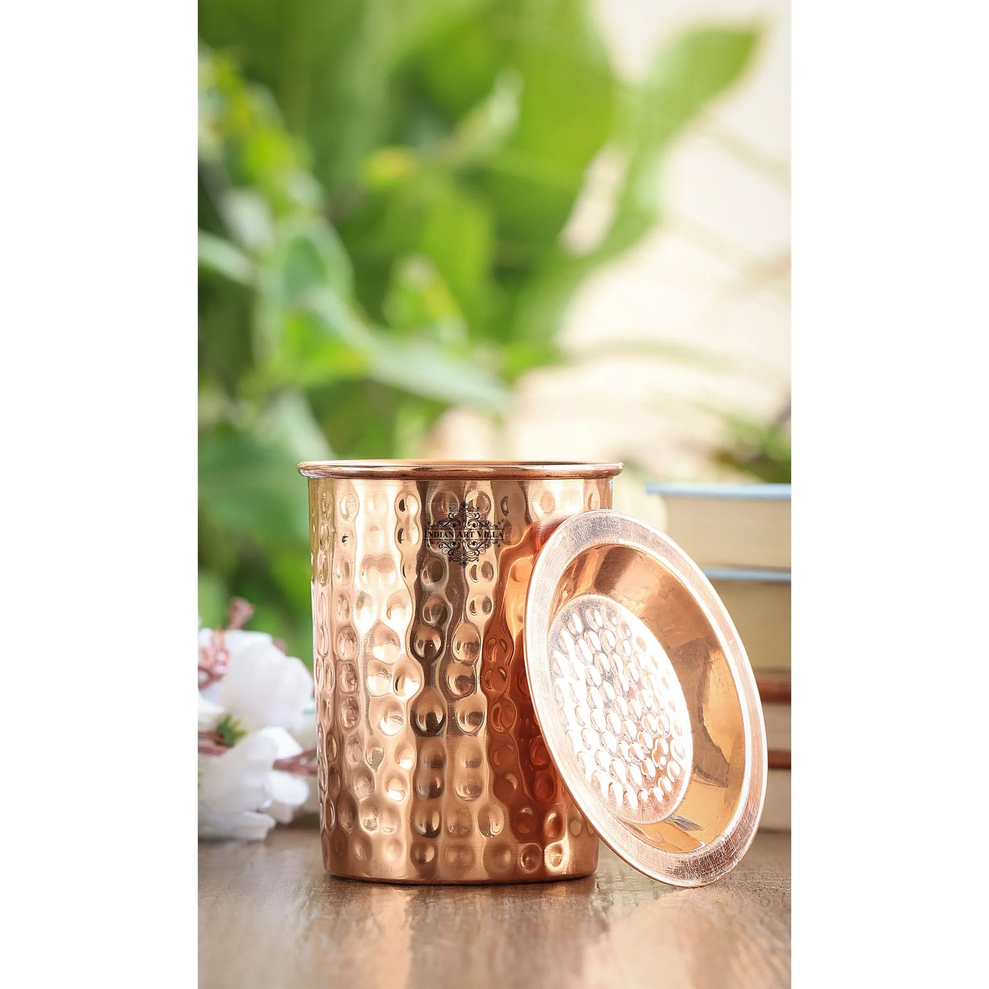 Pure Copper Embossed & Plain Glass with Lid 300ml