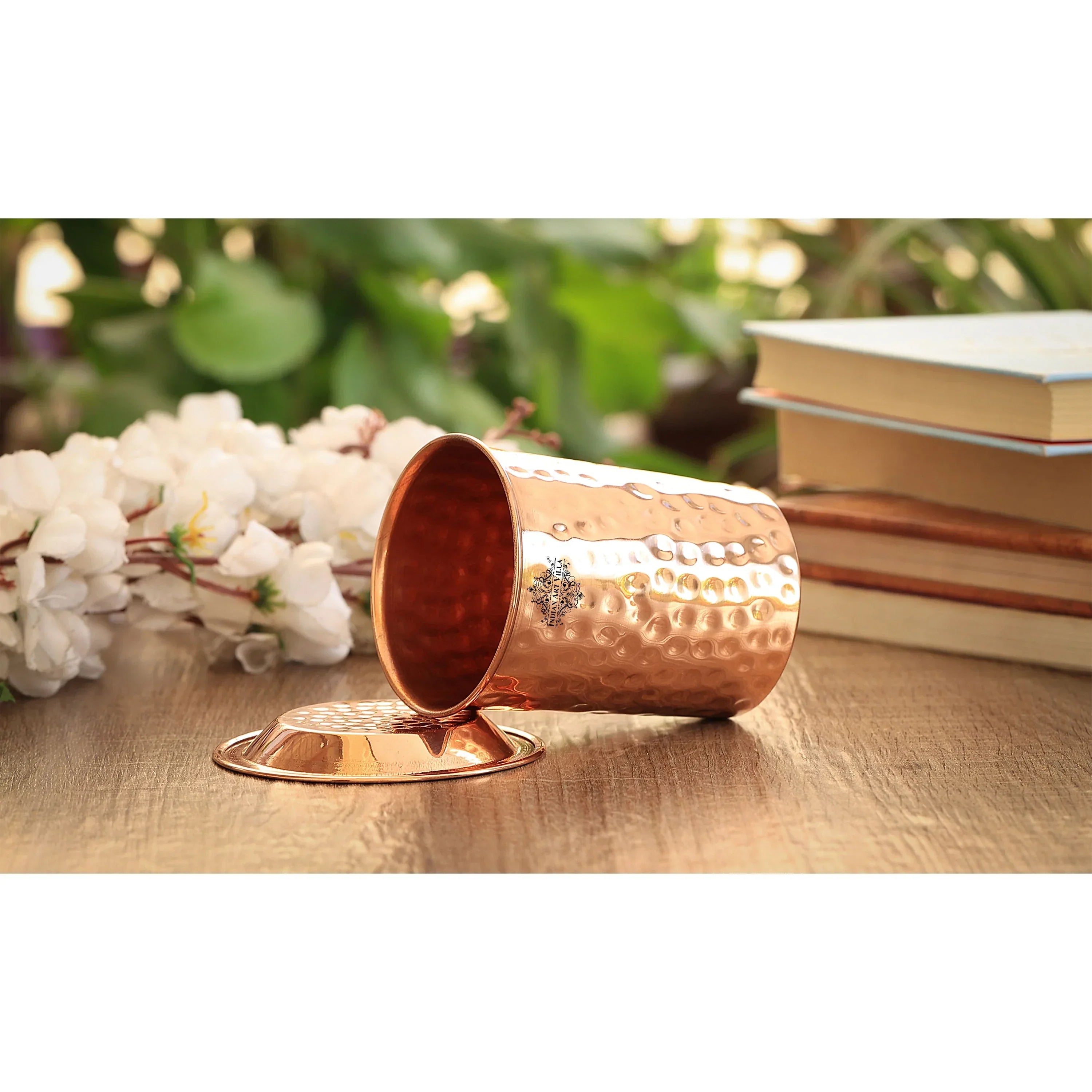 Pure Copper Embossed & Plain Glass with Lid 300ml