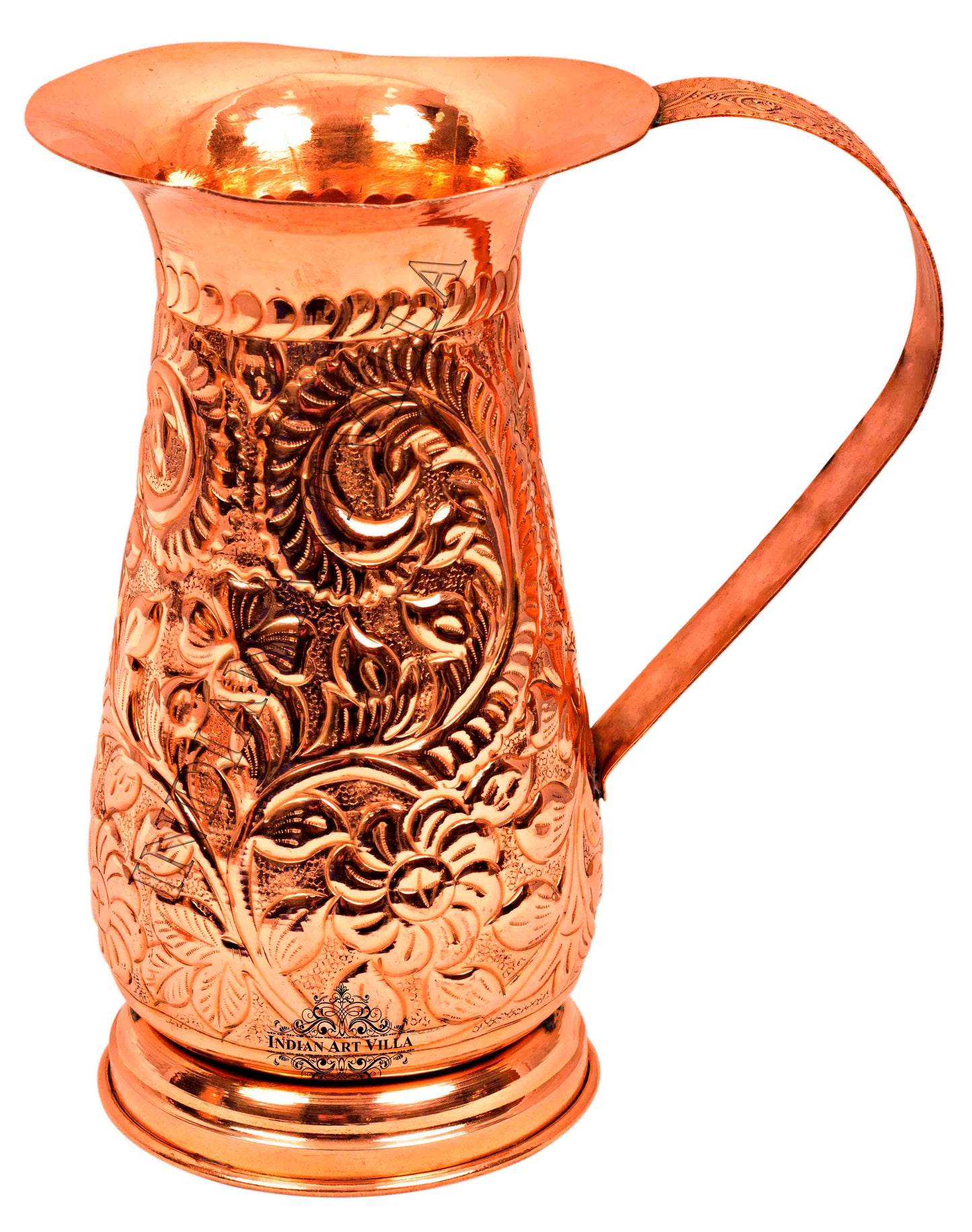 Pure Copper Handmade Floral Design Jug Pitcher 1300 ML with 6 Glass Tumbler 350 ML (7 Pieces)