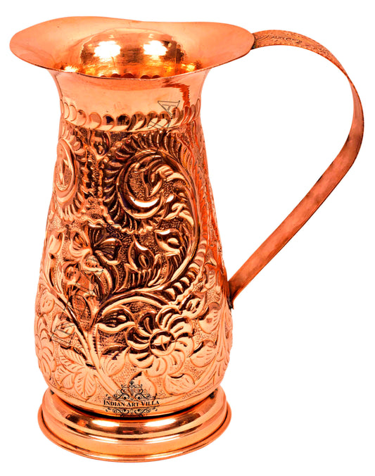 Pure Copper Handmade Floral Design Jug Pitcher 1300 ML with 6 Glass Tumbler 350 ML (7 Pieces)
