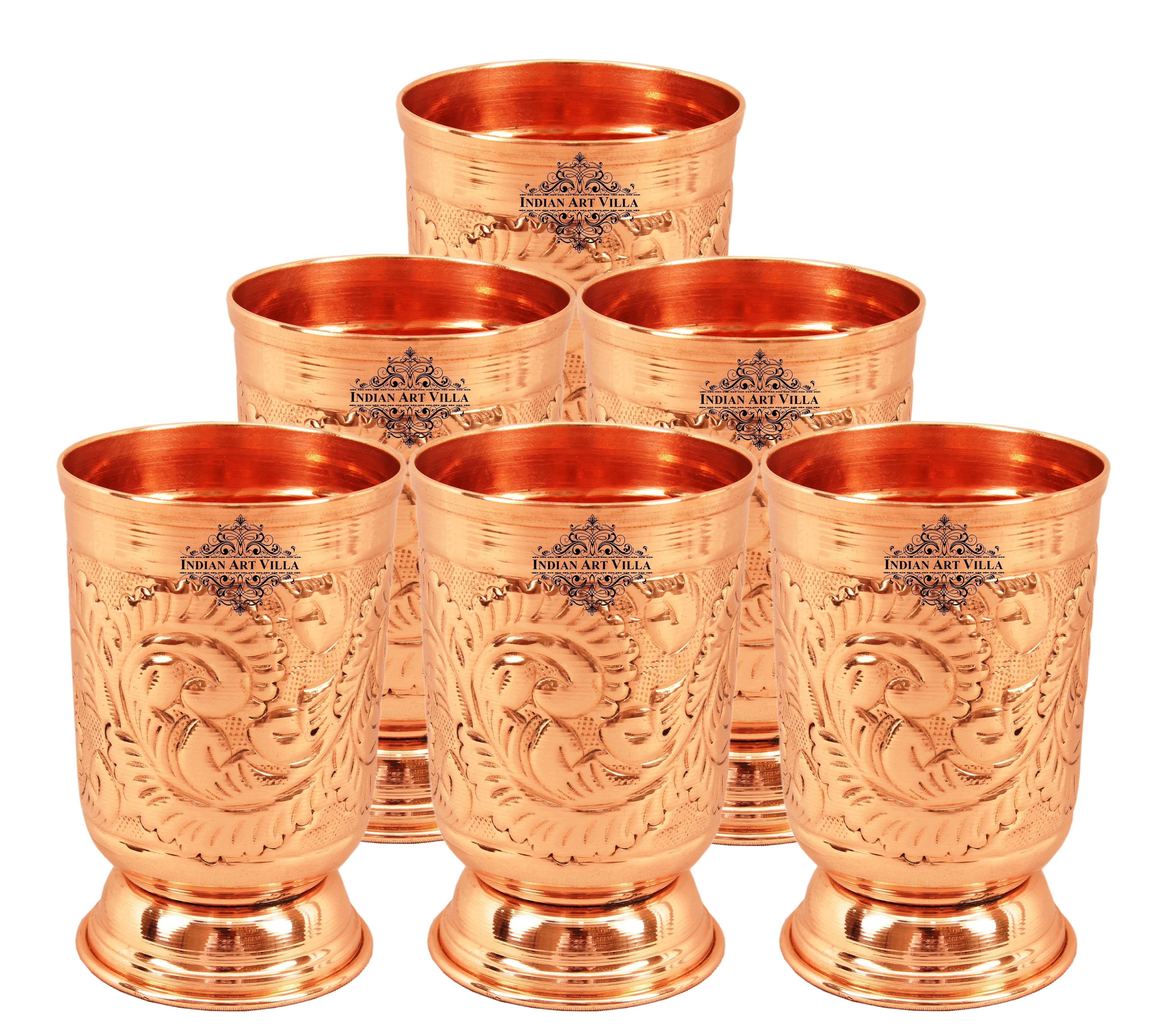 Pure Copper Handmade Floral Design Jug Pitcher 1300 ML with 6 Glass Tumbler 350 ML (7 Pieces)