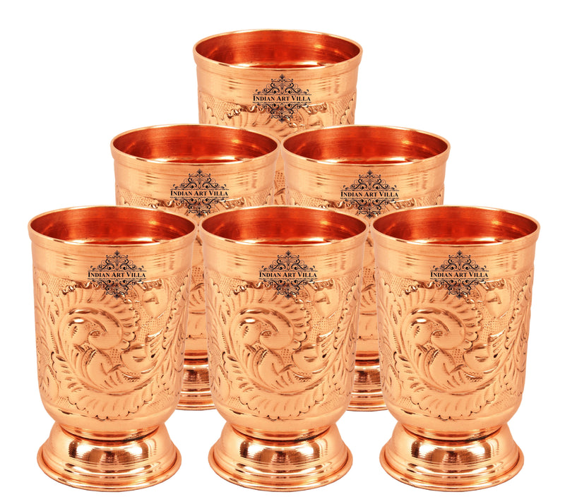 Pure Copper Handmade Floral Design Jug Pitcher 1300 ML with 6 Glass Tumbler 350 ML (7 Pieces)