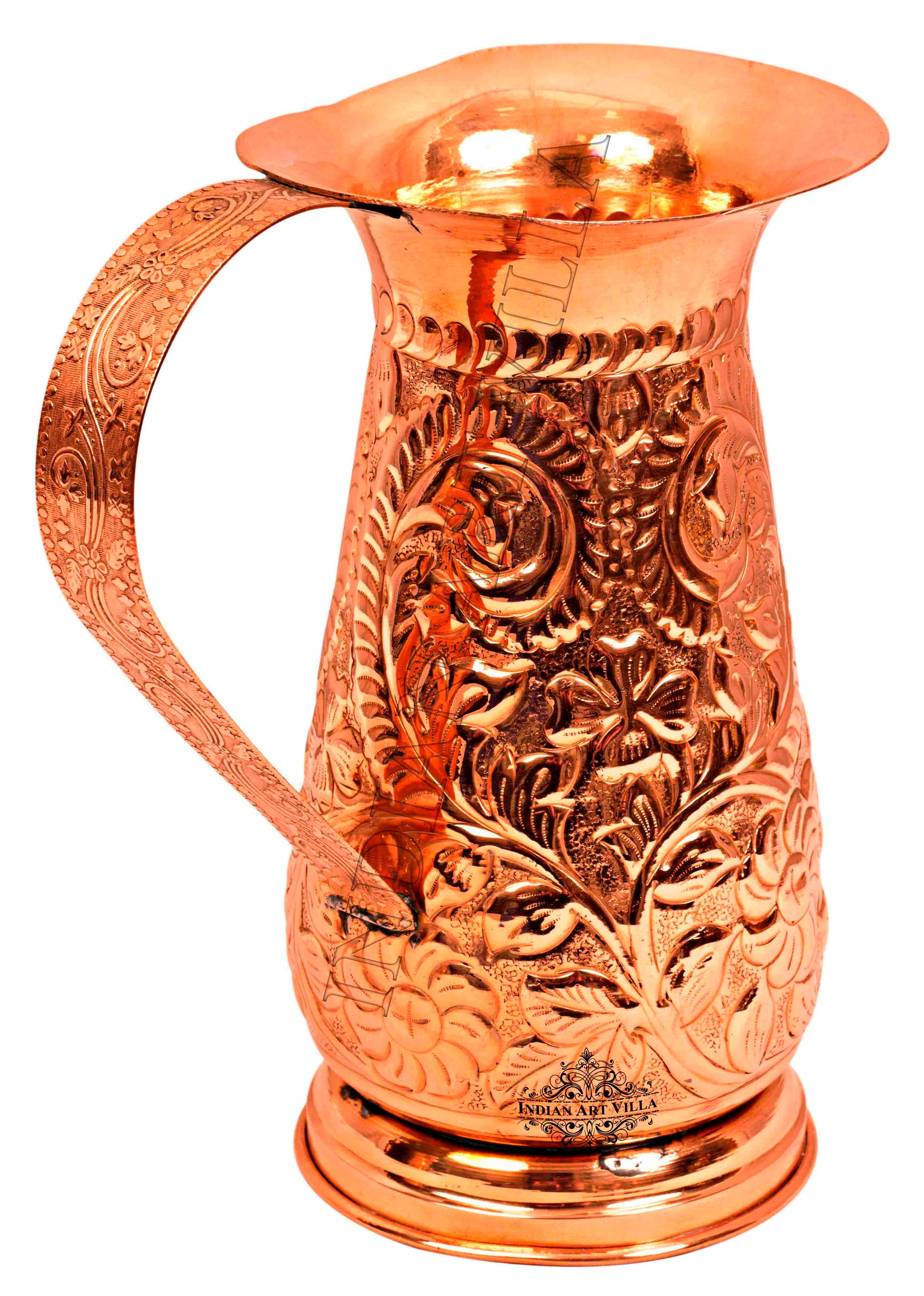Pure Copper Handmade Floral Design Jug Pitcher 1300 ML with 6 Glass Tumbler 350 ML (7 Pieces)
