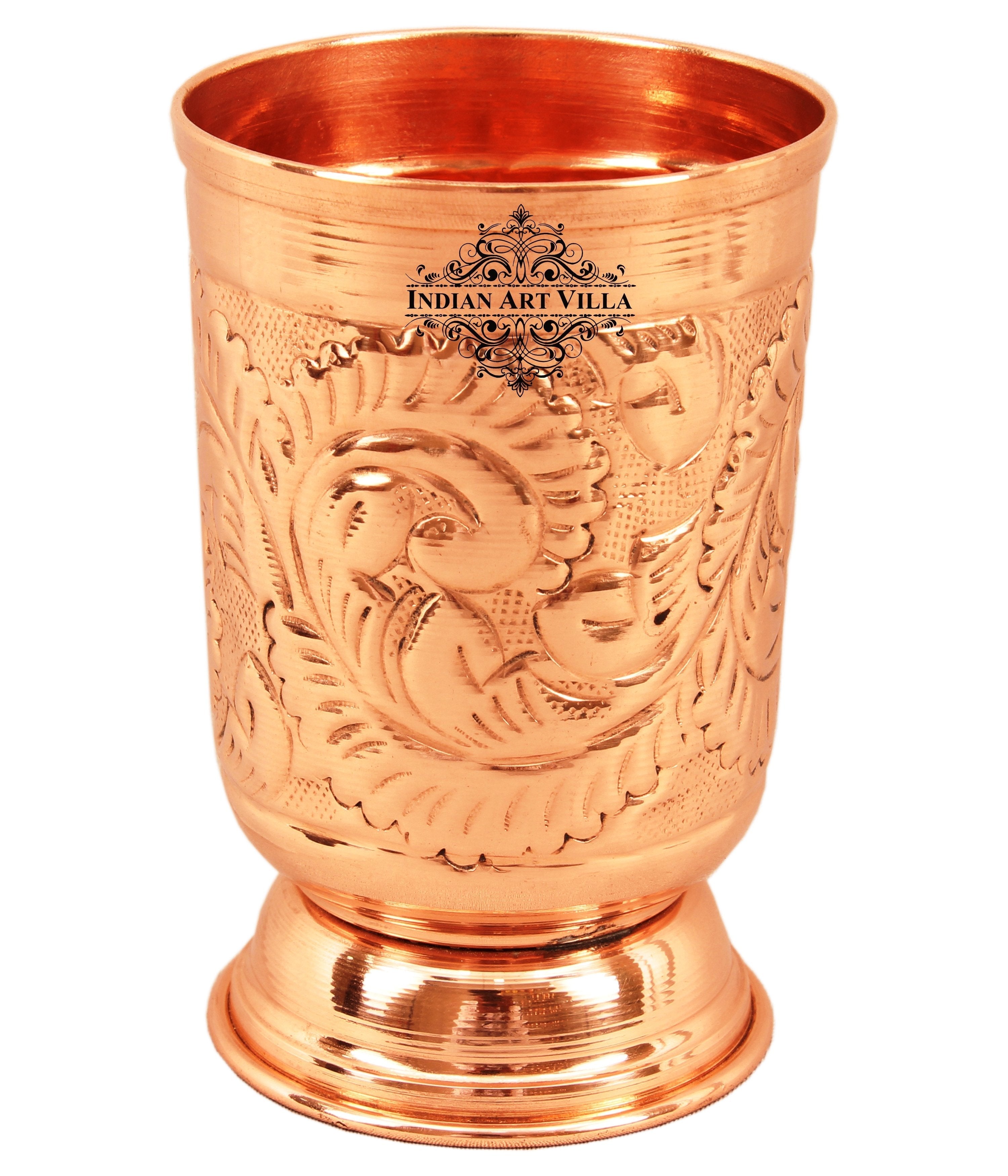 Pure Copper Handmade Floral Design Jug Pitcher 1300 ML with 6 Glass Tumbler 350 ML (7 Pieces)