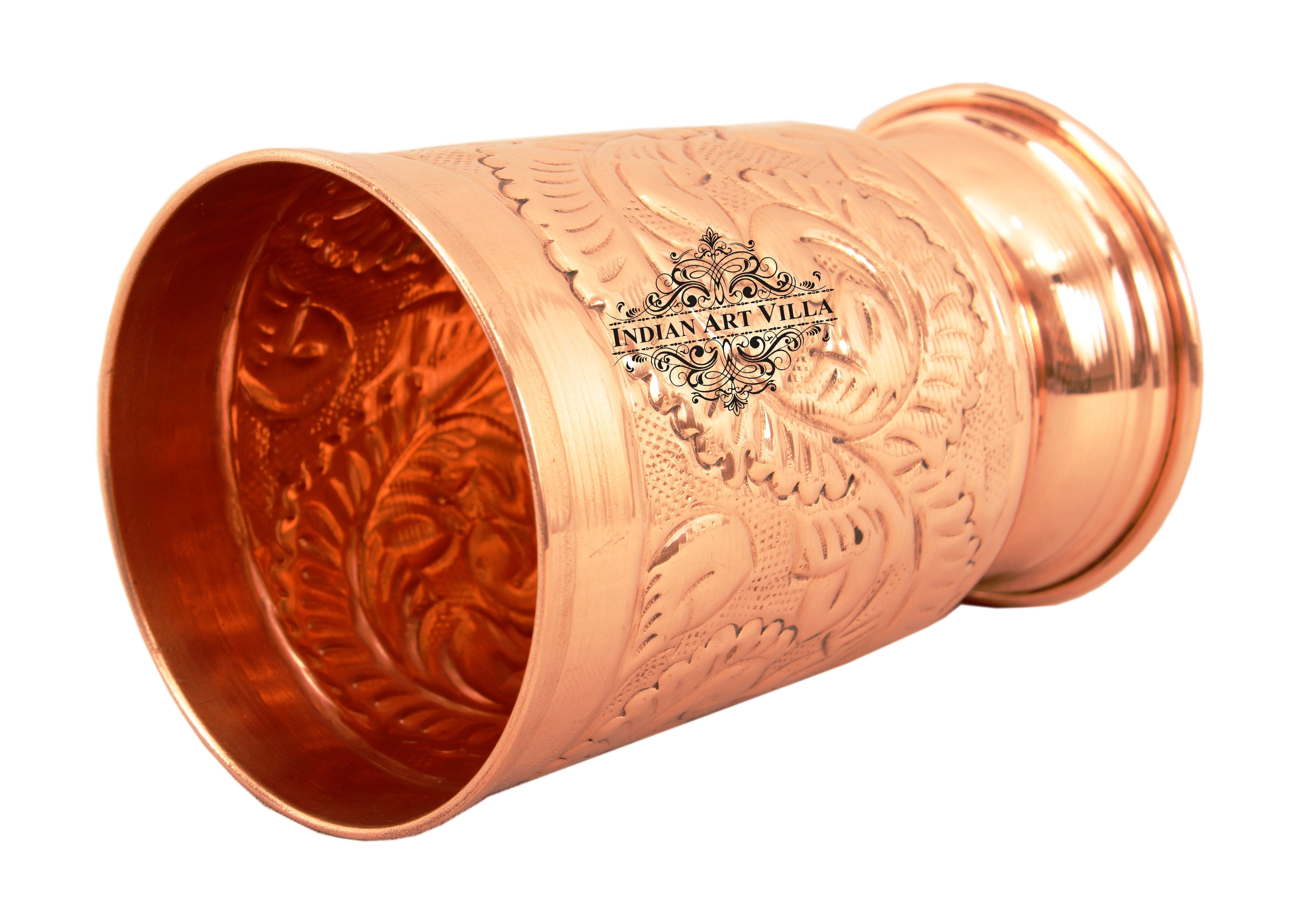 Pure Copper Handmade Floral Design Jug Pitcher 1300 ML with 6 Glass Tumbler 350 ML (7 Pieces)