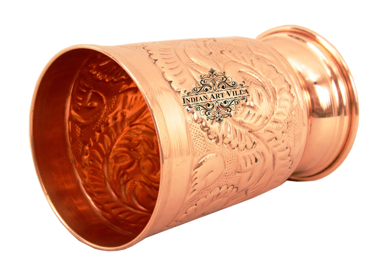 Pure Copper Handmade Floral Design Jug Pitcher 1300 ML with 6 Glass Tumbler 350 ML (7 Pieces)