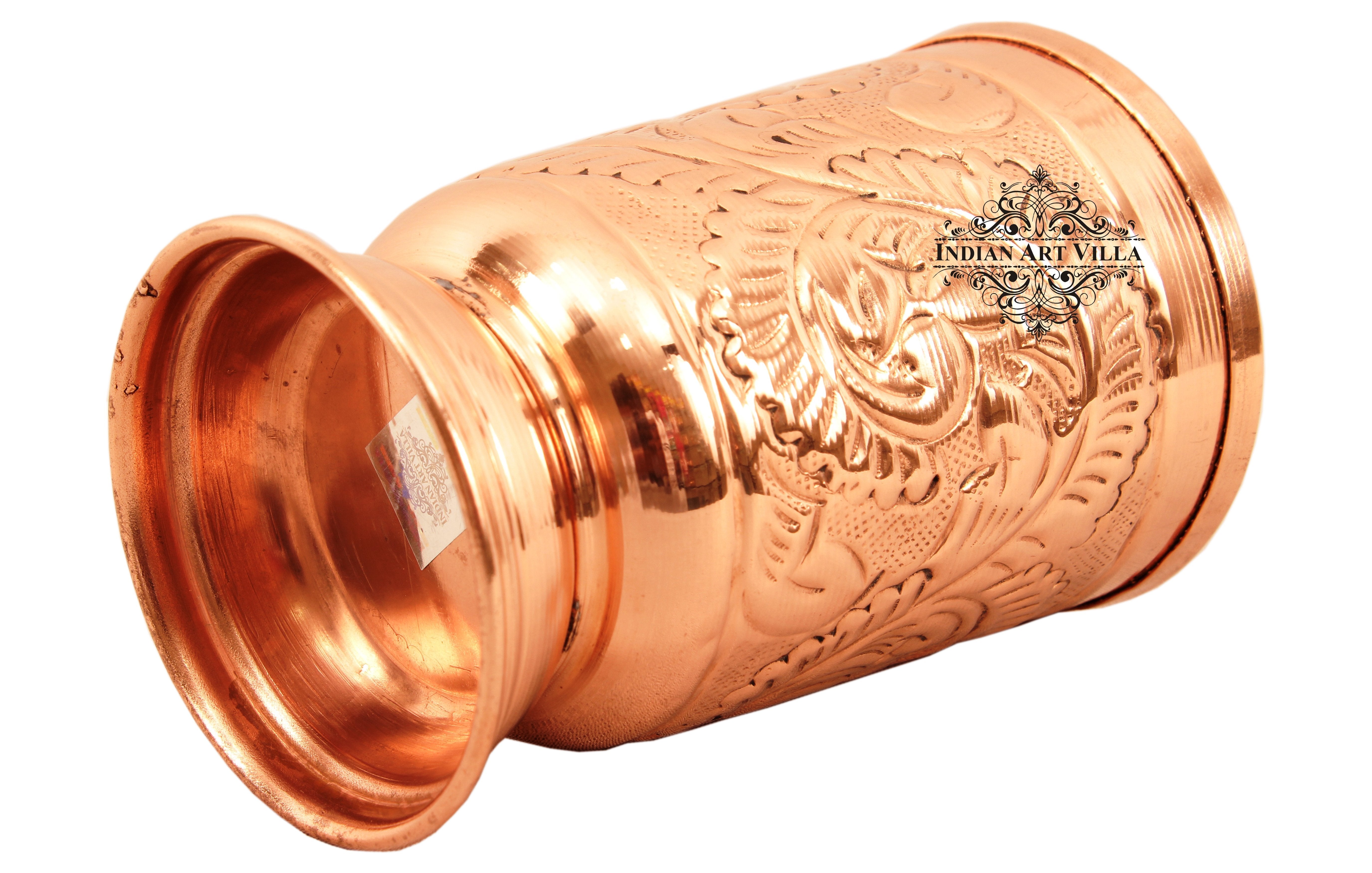 Pure Copper Handmade Floral Design Jug Pitcher 1300 ML with 6 Glass Tumbler 350 ML (7 Pieces)