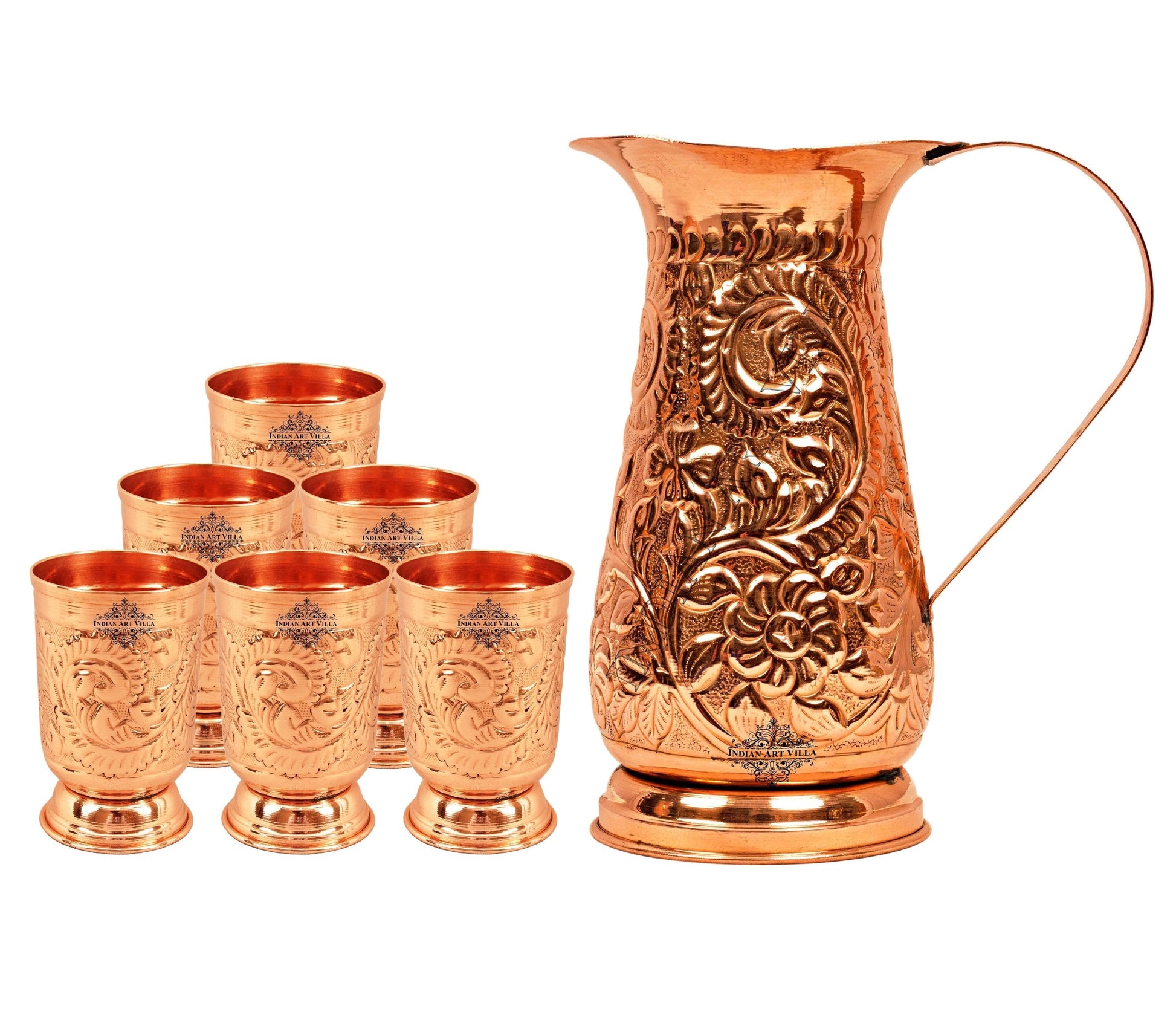Pure Copper Handmade Floral Design Jug Pitcher 1300 ML with 6 Glass Tumbler 350 ML (7 Pieces)
