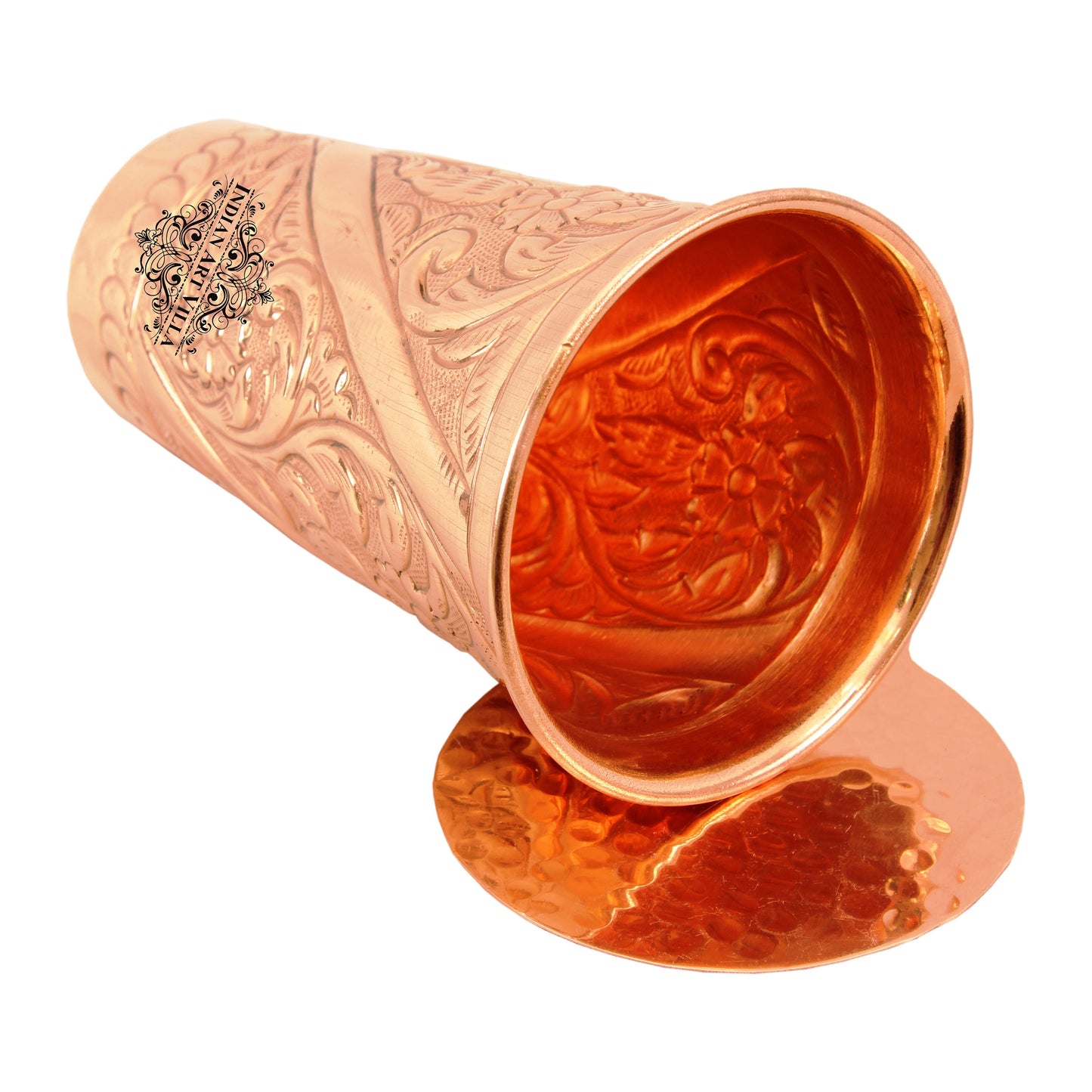 Pure Copper Engraved Flower Design Glass with Coaster 525 ML