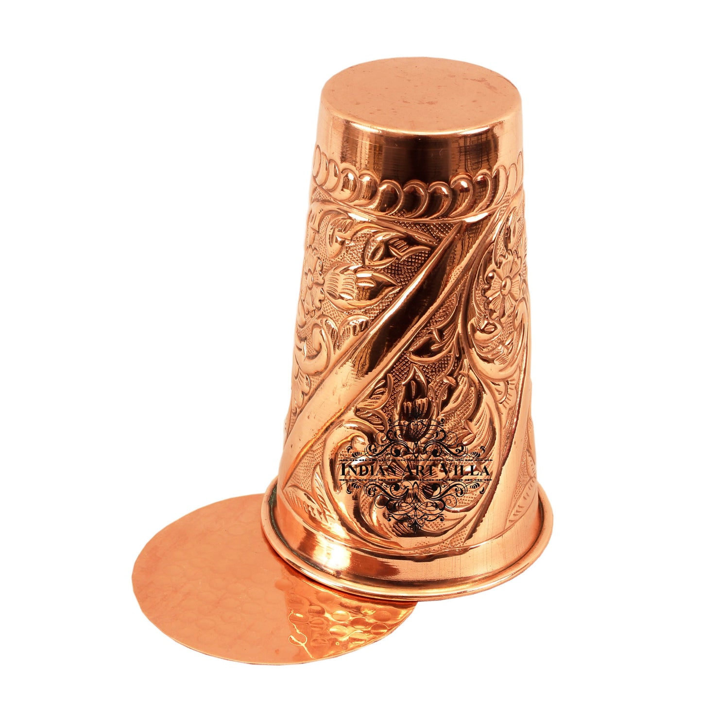 Pure Copper Engraved Flower Design Glass with Coaster 525 ML