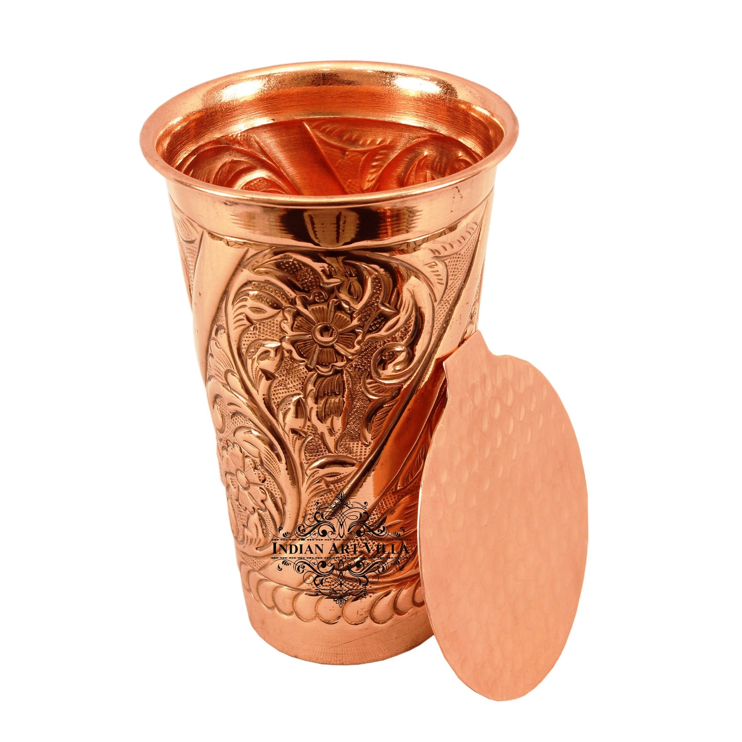 Pure Copper Engraved Flower Design Glass with Coaster 525 ML