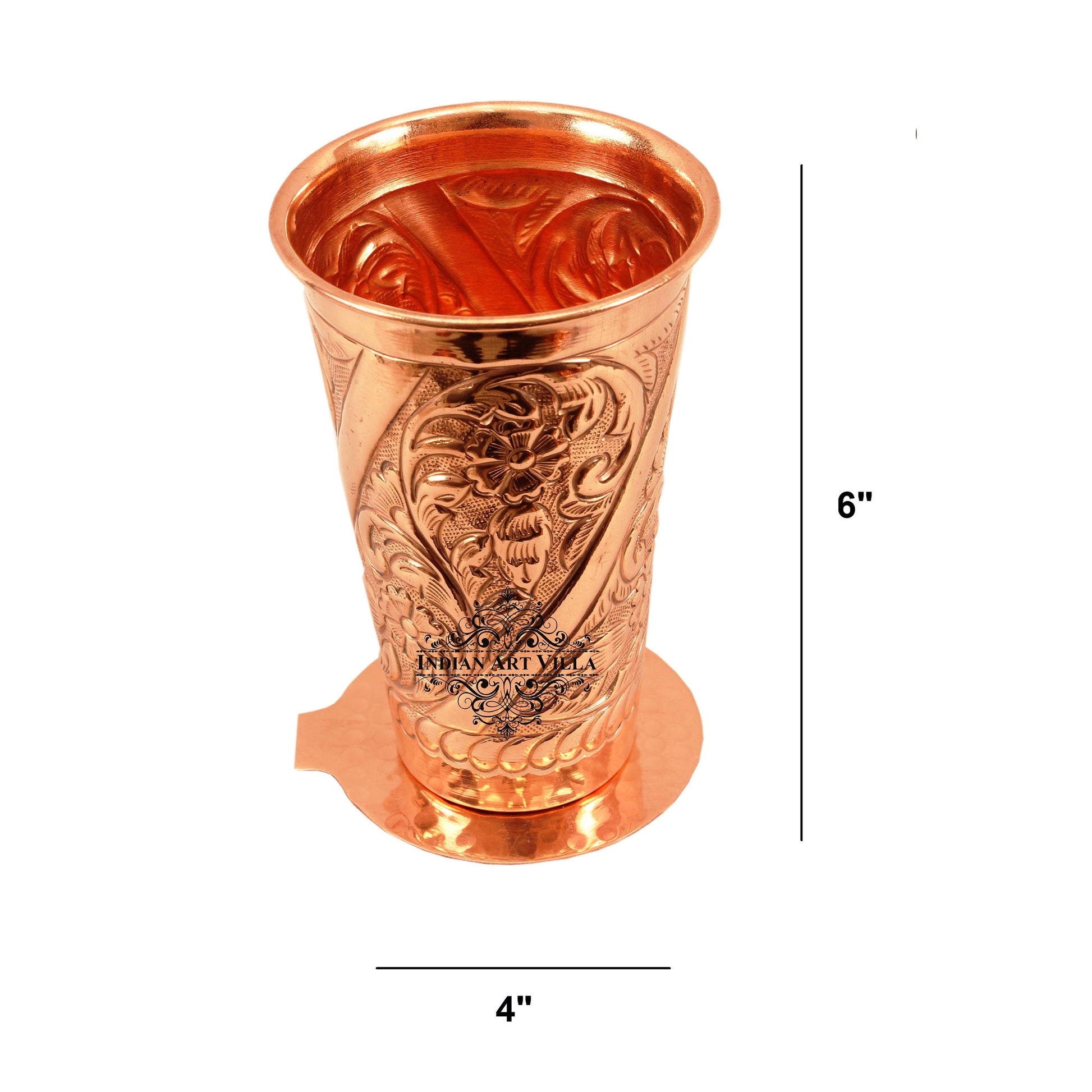 Pure Copper Engraved Flower Design Glass with Coaster 525 ML