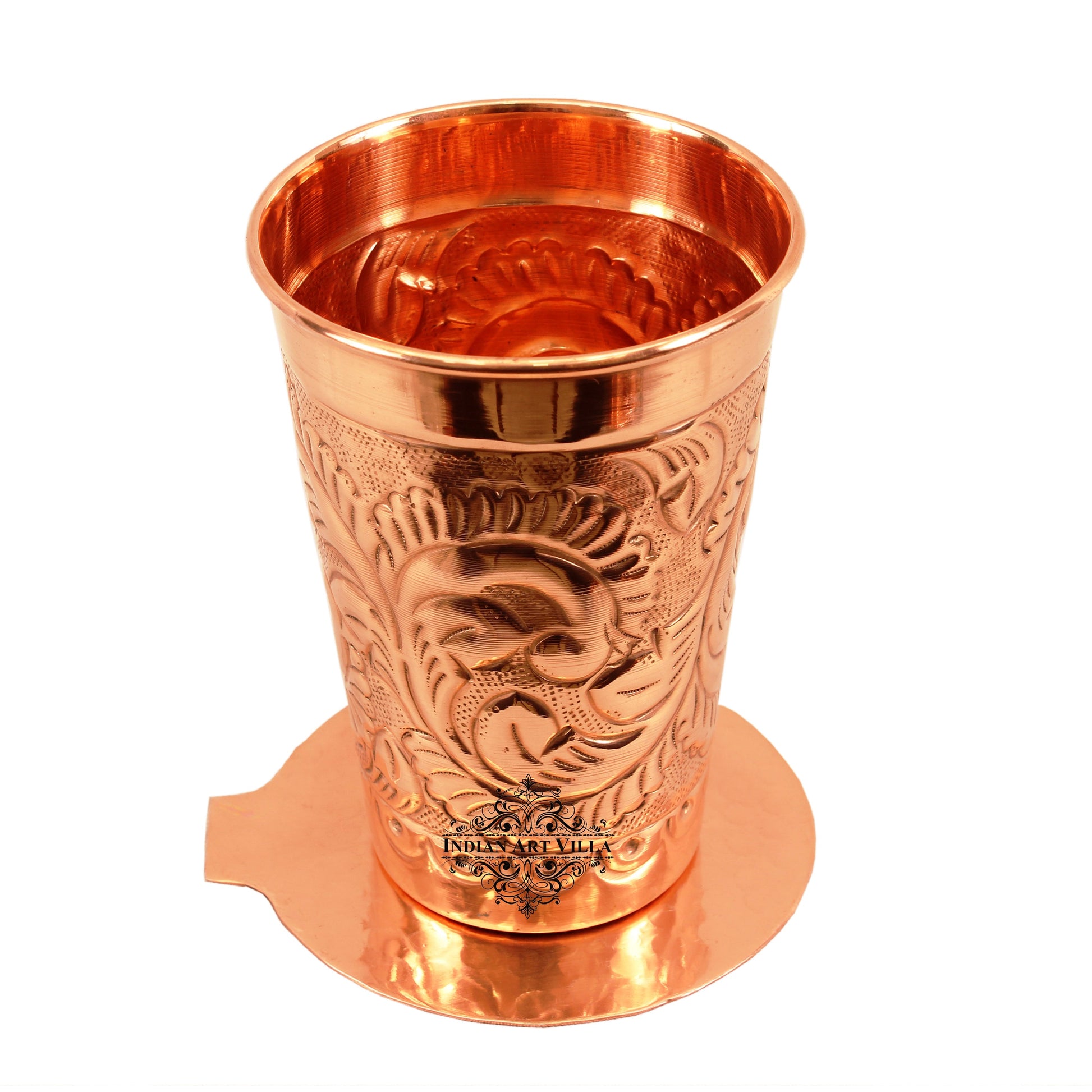 Copper Handmade Engraved Flower Design Glass with Coaster 350 ML